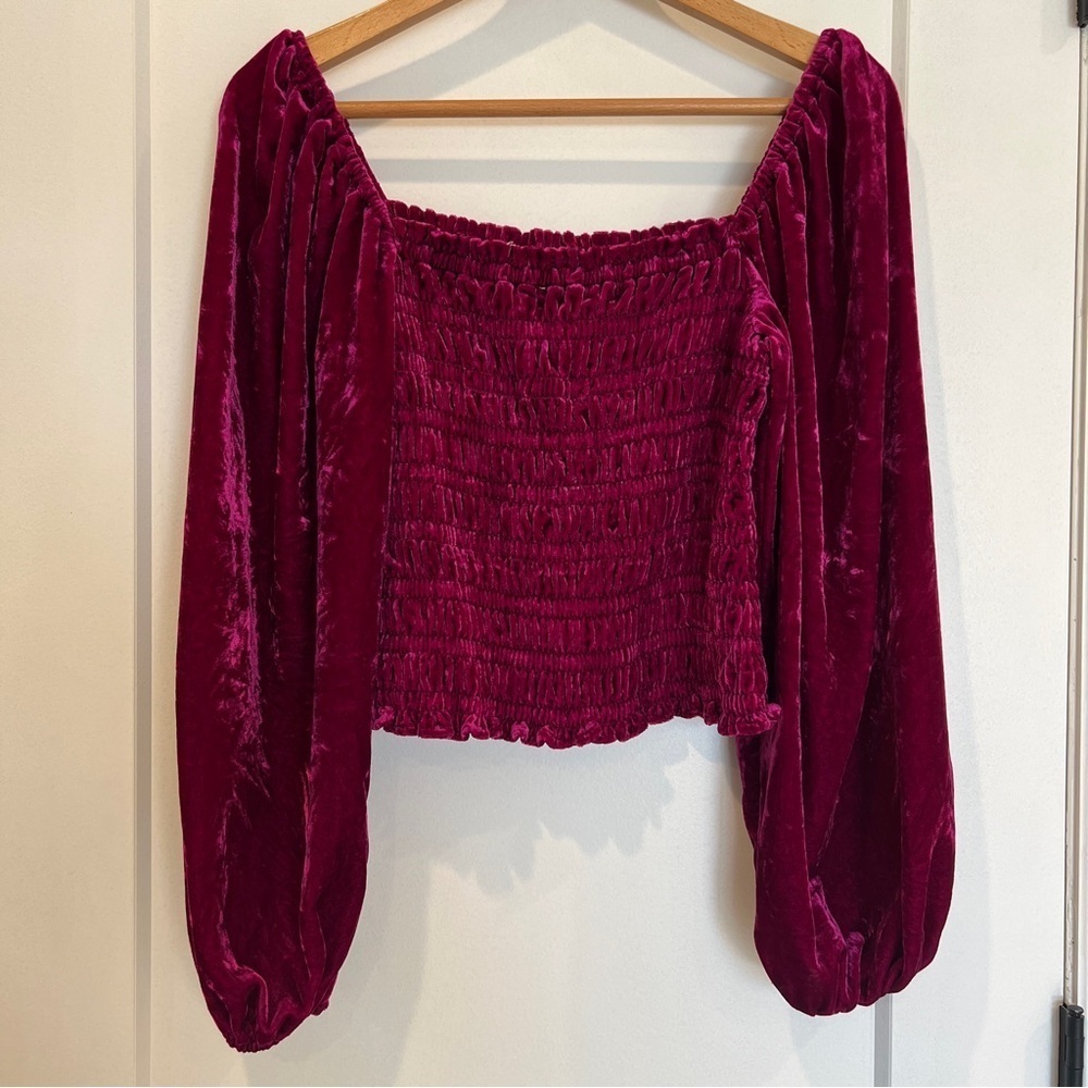 By Anthropologie Magenta Smocked Velvet Puff Sleeve Peasant Blouse